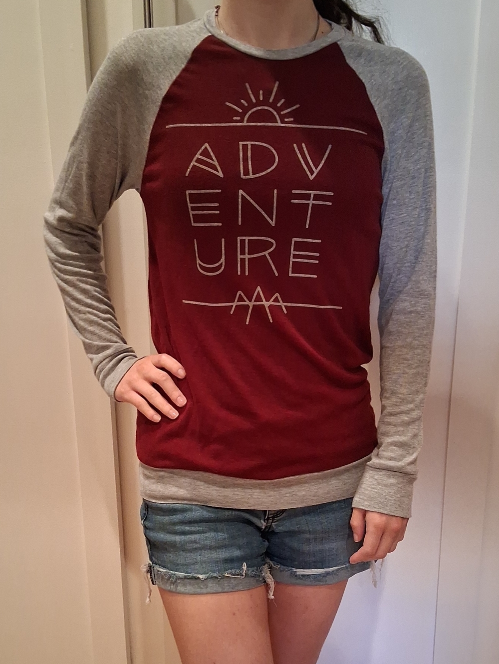 Adventure Graphic Long Sleeve Shirt, Burgundy & Light Gray, Size XS